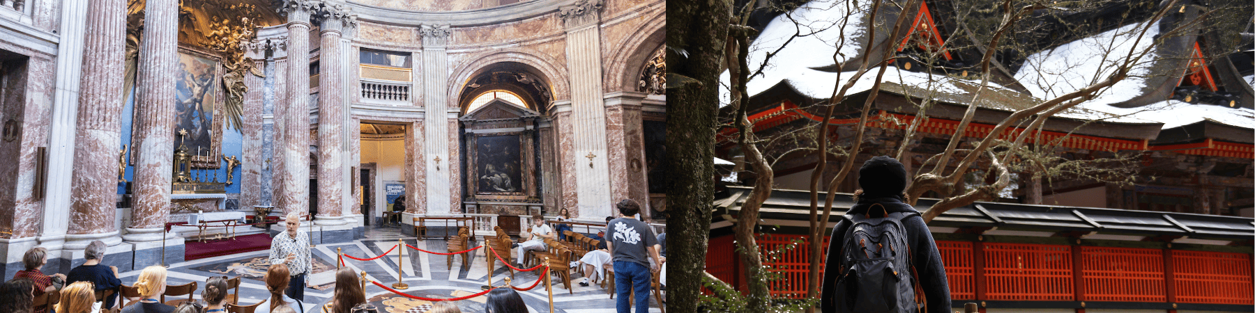 A twofold image with students listening to a lecture inside a marble church in Rome; and a student with backpack facing a Japanese temple in winter on the right.