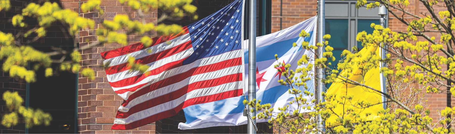 U.S. and Chicago flags on Loyola's campus