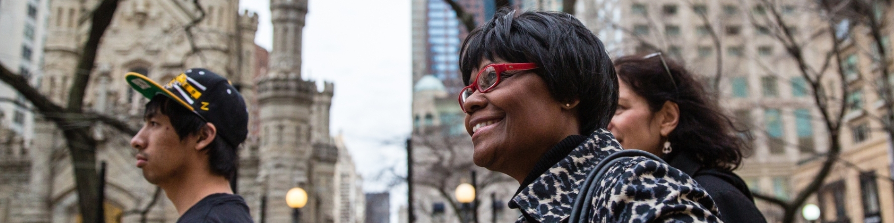 SCPS student walks through the Loyola University Chicago's Water Tower Campus in downtown Chicago.
