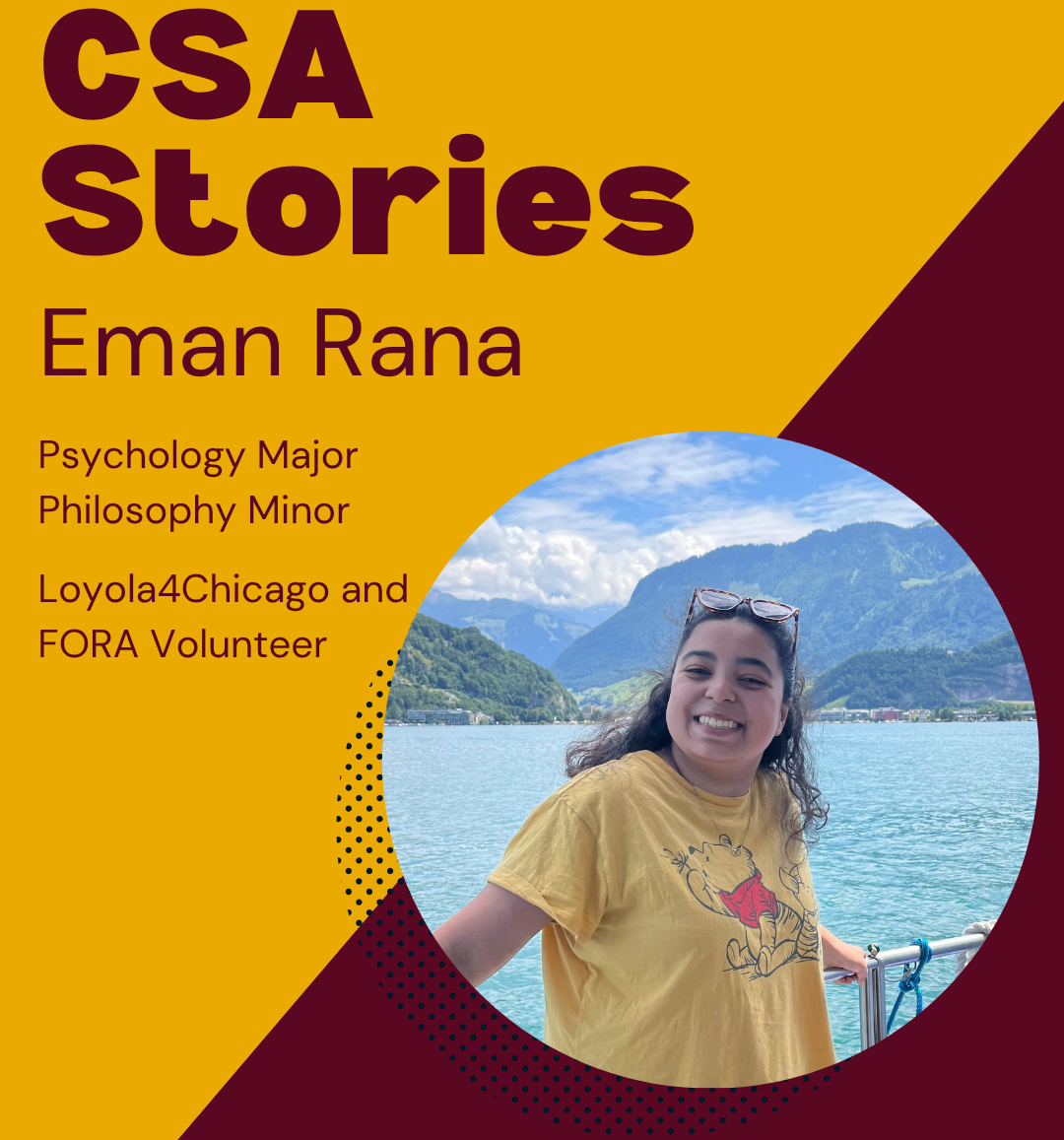 CSA Story Header for Eman: a headshot image of her on a maroon and gold background