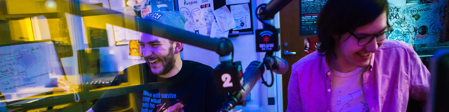 WGN Radio Producer Tom Hush '16 (left) hosts a radio show with Loyola masters student Paul Quinn as part of the School of Communication's alumni takeover of WLUW