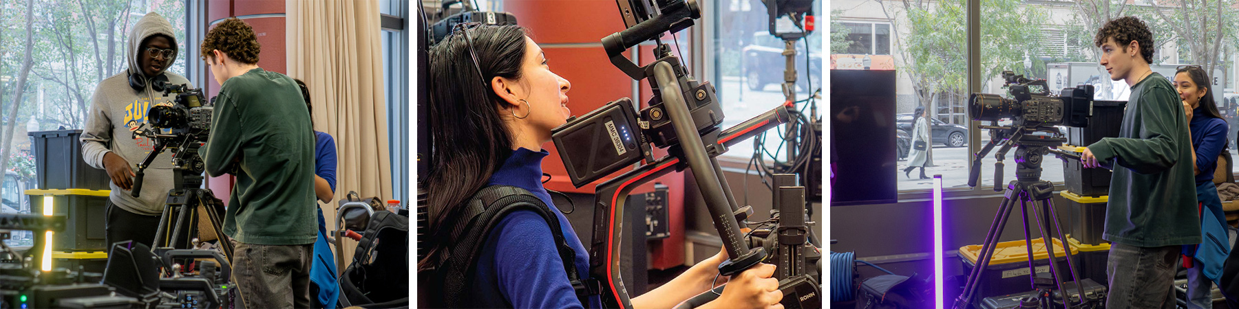 Students operate professional video equipment in a studio, adjusting cameras, stabilizers, and gear during hands-on media production training activities.