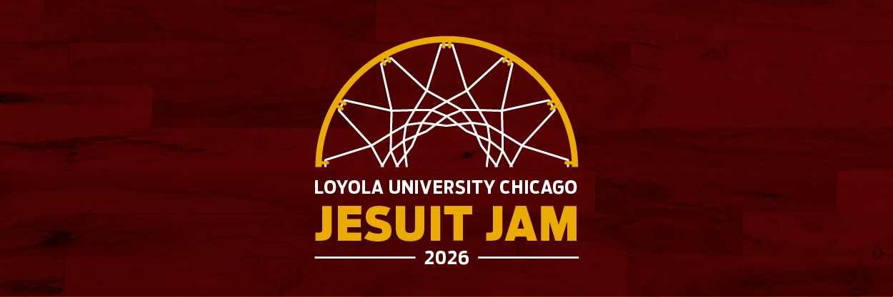 The top half of a basketball hoop resembling a rising sun over text, 