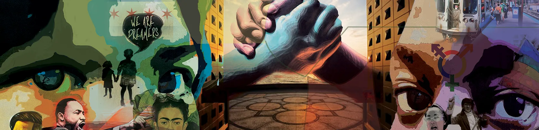 A portion of a mural depicting themes of inclusion and belonging at Loyola, including civil rights leaders, artists, the Chicago flag, the 'L' train, and more.