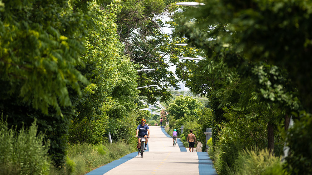 bikers and joggers on the 606 rails to trails path