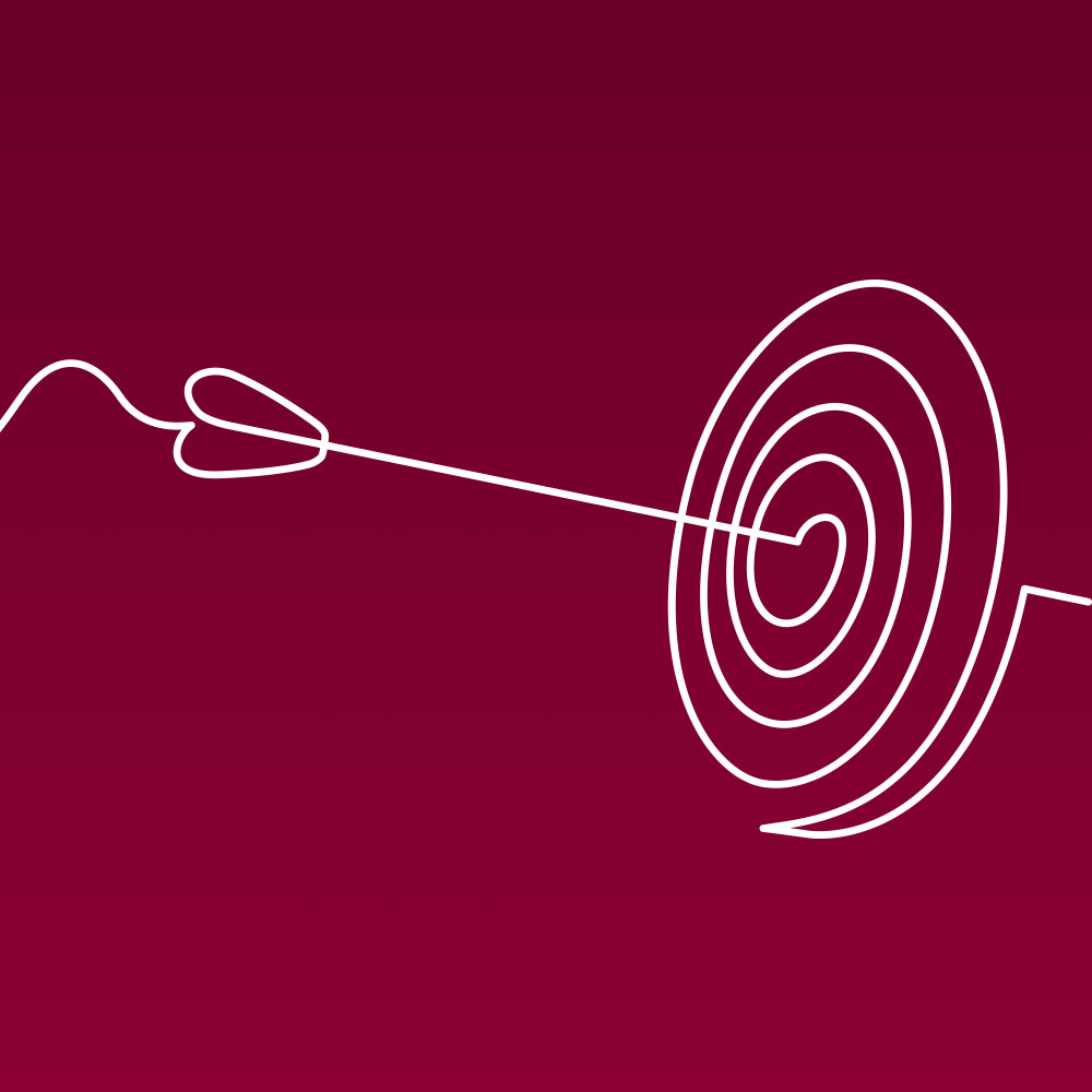 White line illustration of an arrow hitting a target, against a maroon background, to represent Loyola University Chicago's brand advertising efforts. White line illustration of an arrow hitting a target, against a maroon background, to represent Loyola University Chicago's brand advertising efforts.