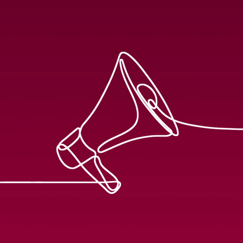 White line illustration of a megaphone, against a maroon background, to represent Loyola University Chicago's communications efforts. White line illustration of a megaphone, against a maroon background, to represent Loyola University Chicago's communications efforts.