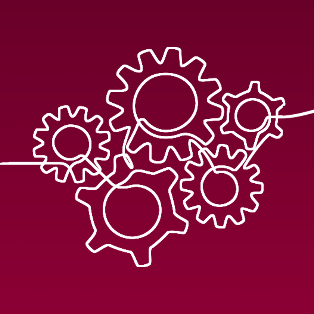 White line illustration of gears turning, against a maroon background, to represent Loyola University Chicago's school-based marcom team. White line illustration of gears turning, against a maroon background, to represent Loyola University Chicago's school-based marcom team.