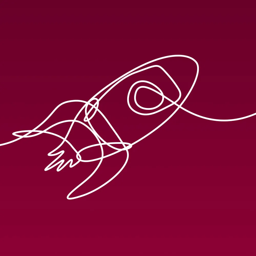 White line illustration of a rocket ship launching, against a maroon background, to represent Loyola University Chicago's brand strategy work. White line illustration of a rocket ship launching, against a maroon background, to represent Loyola University Chicago's brand strategy work.