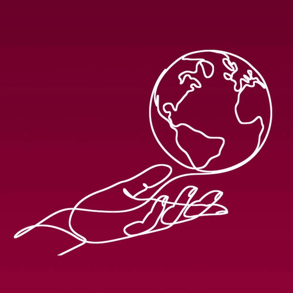White line illustration of a hand holding a globe, against a maroon background, to represent Loyola University Chicago's media and public relations. White line illustration of a hand holding a globe, against a maroon background, to represent Loyola University Chicago's media and public relations.