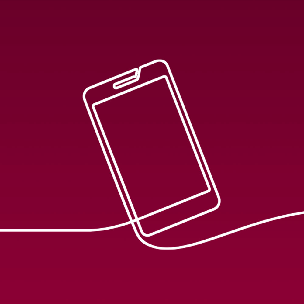White line illustration of a mobile phone, against a maroon background, to represent Loyola University Chicago's social media work. White line illustration of a mobile phone, against a maroon background, to represent Loyola University Chicago's social media work.