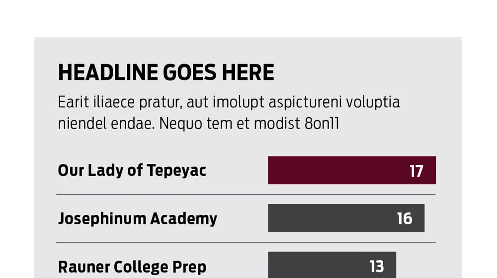 Example of a horizontal bar chart using placeholder text and Loyola University Chicago brand colors. Example of a horizontal bar chart using placeholder text and Loyola University Chicago brand colors.