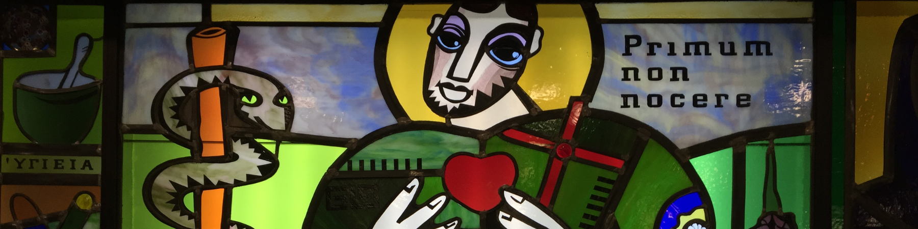 Stained glass of St. Luke from the Cuneo Center on Loyola Chicago's Health Sciences Campus.