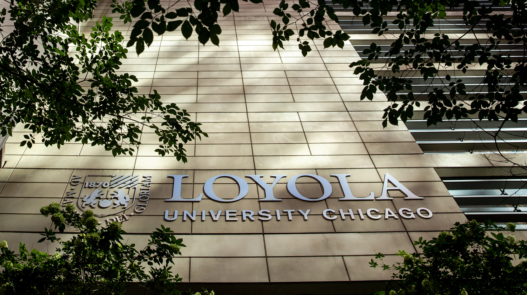 Exterior view of a building facade displaying the Loyola University Chicago name and emblem, framed by tree branches and illuminated sunlight.
