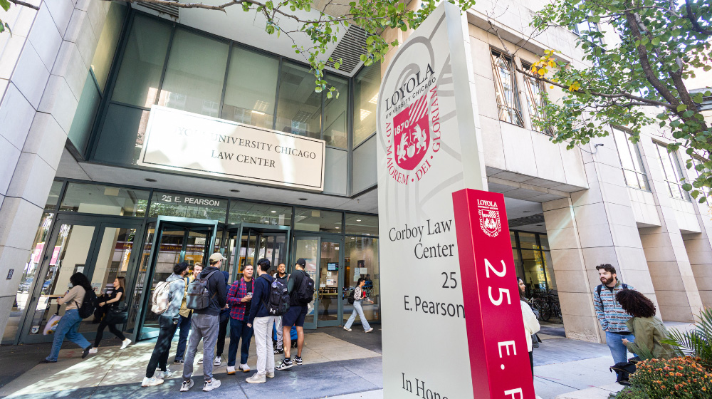Photo of main entrance to Corboy Law Center on Water Tower Campus