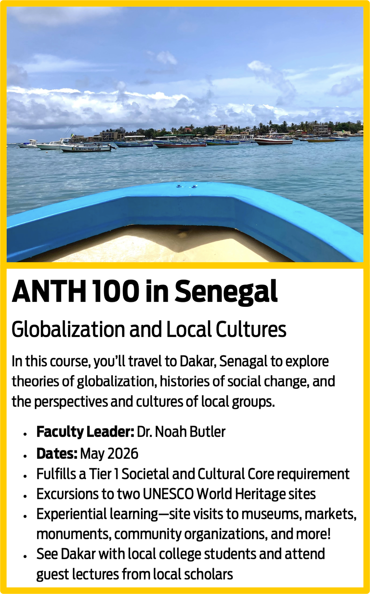 Flyer for “ANTH 100 in Senegal” study abroad course with dates, details, and coastal image.