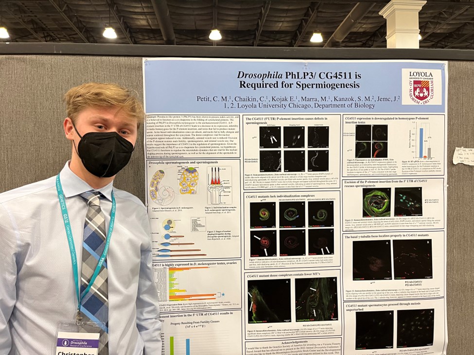 Loyola University Chicago Biology undergraduate student Christopher Petit presenting his research at the Annual Drosophila Research Conference