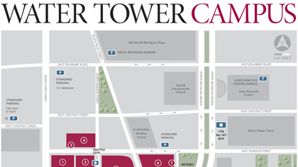 Map of Loyola’s Water Tower Campus with buildings, streets, transit stops, and landmarks