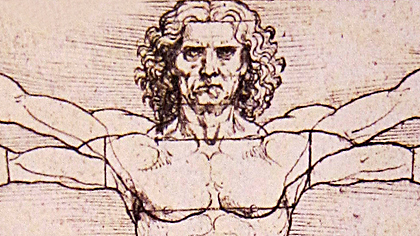 Detail of Leonardo da Vinci’s Vitruvian Man drawing showing torso and arms.