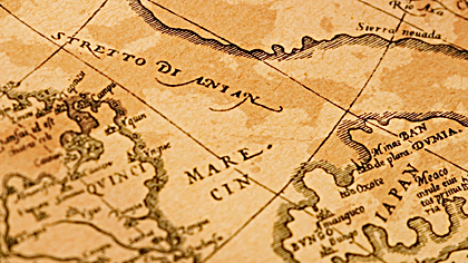 Close-up of an antique map showing the Strait of Anian and surrounding lands.