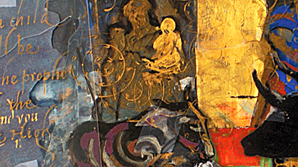 Abstract mixed-media artwork with gold figure, script text, and layered textures.