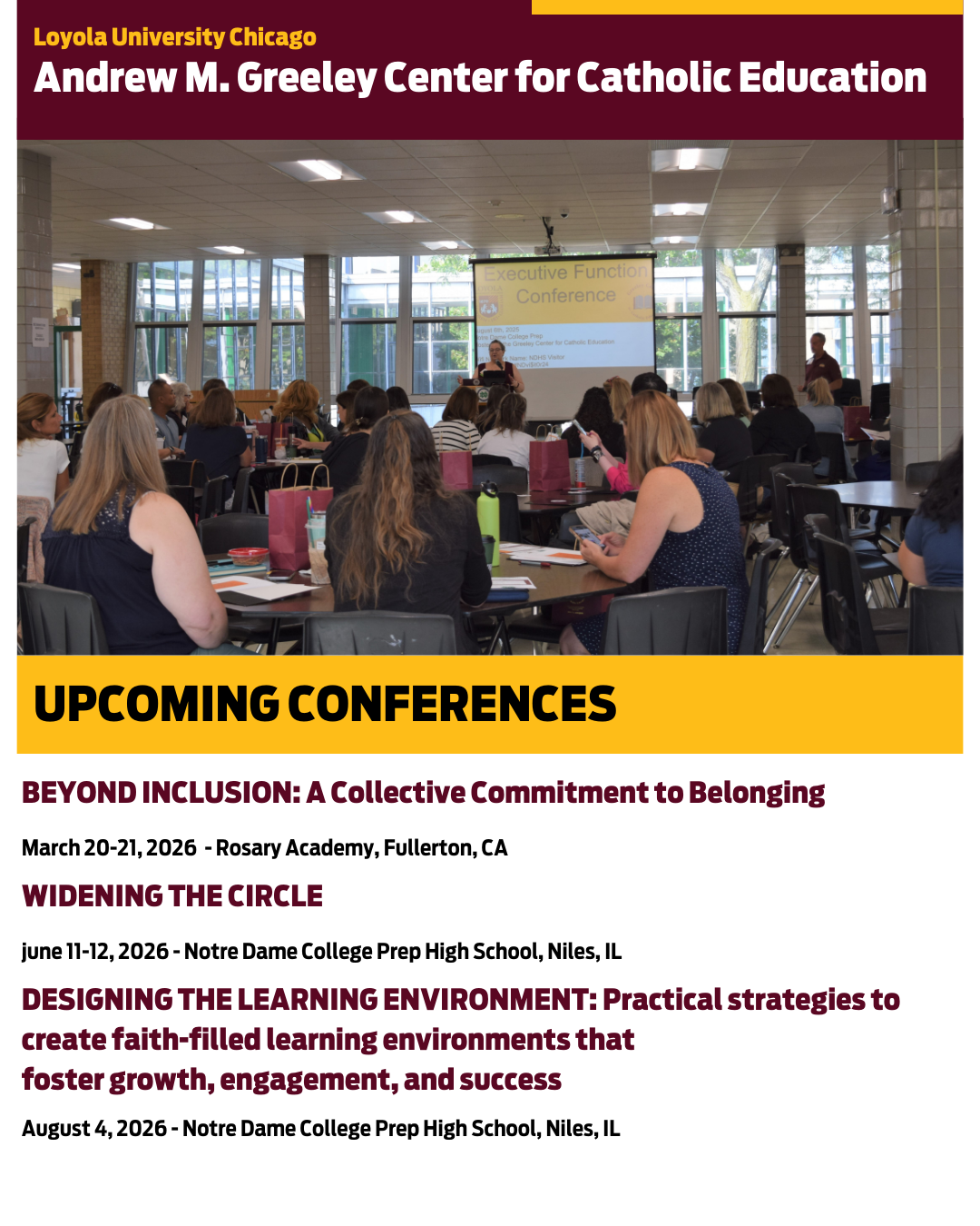Flyer for Loyola University Chicago’s Greeley Center listing upcoming conferences with dates, locations, and event titles, above a photo