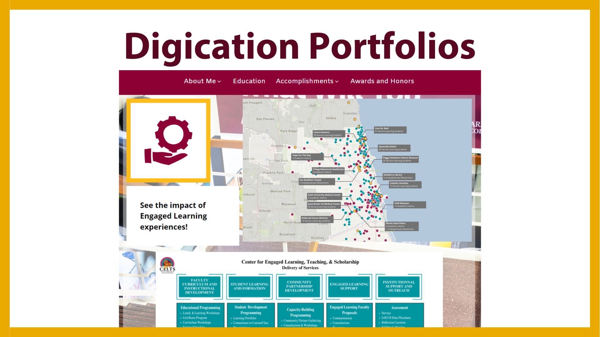 Screenshot of Digication Portfolios webpage with navigation menu, map, and engaged learning content