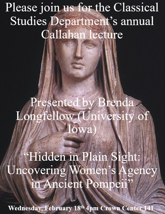 Event flyer for a Classical Studies lecture on women’s agency in ancient Pompeii, featuring a statue and event details