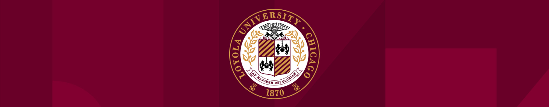 Loyola University Chicago Commencement banner. The banner includes the official Loyola University Chicago seal on a background of var\ious maroon shapes that looks very much like a random stained glass pattern.