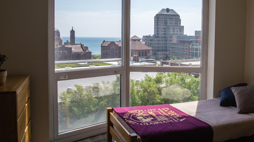 Loyola University Chicago intern housing room in Fordham Hall overlooking Lake Michigan Loyola University Chicago intern housing room in Fordham Hall overlooking Lake Michigan