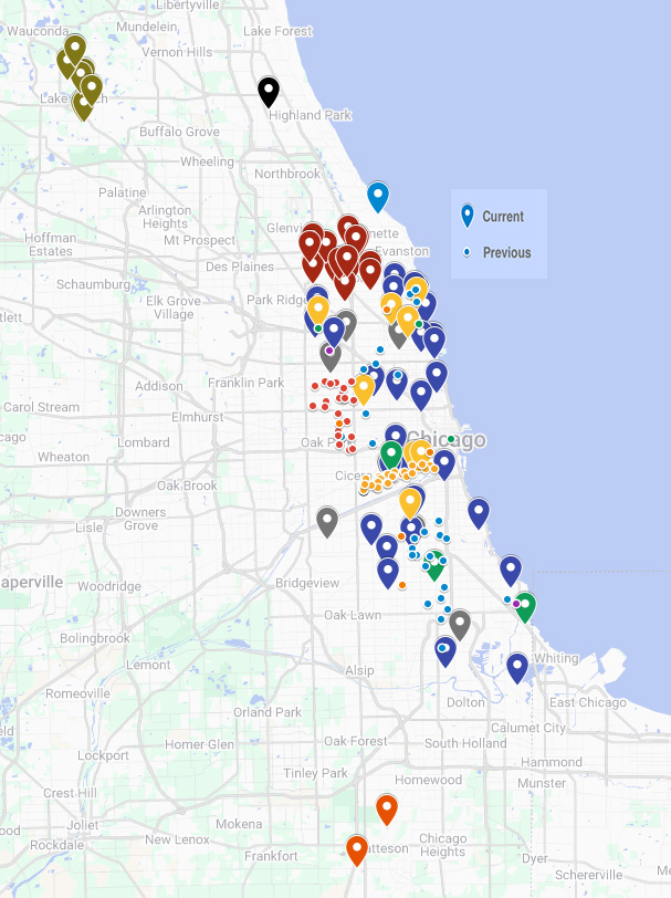 Map of Chicago and surrounding suburbs with color-coded location markers indicating current and previous sites along the lakefront and inland areas
