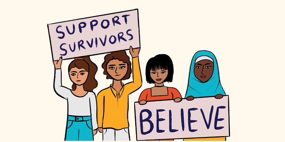 Illustration of four people holding signs reading “Support Survivors” and “Believe.”