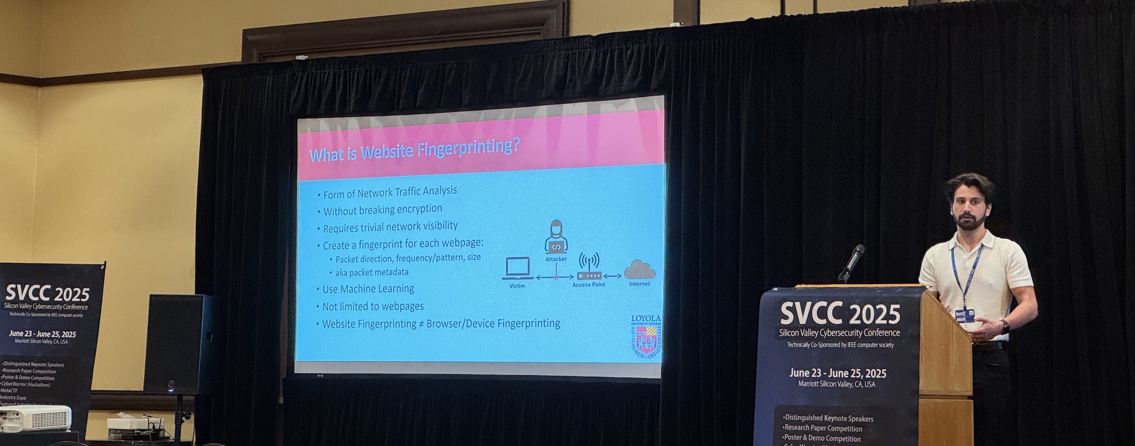 Speaker presenting at a cybersecurity conference with slide on website fingerprinting