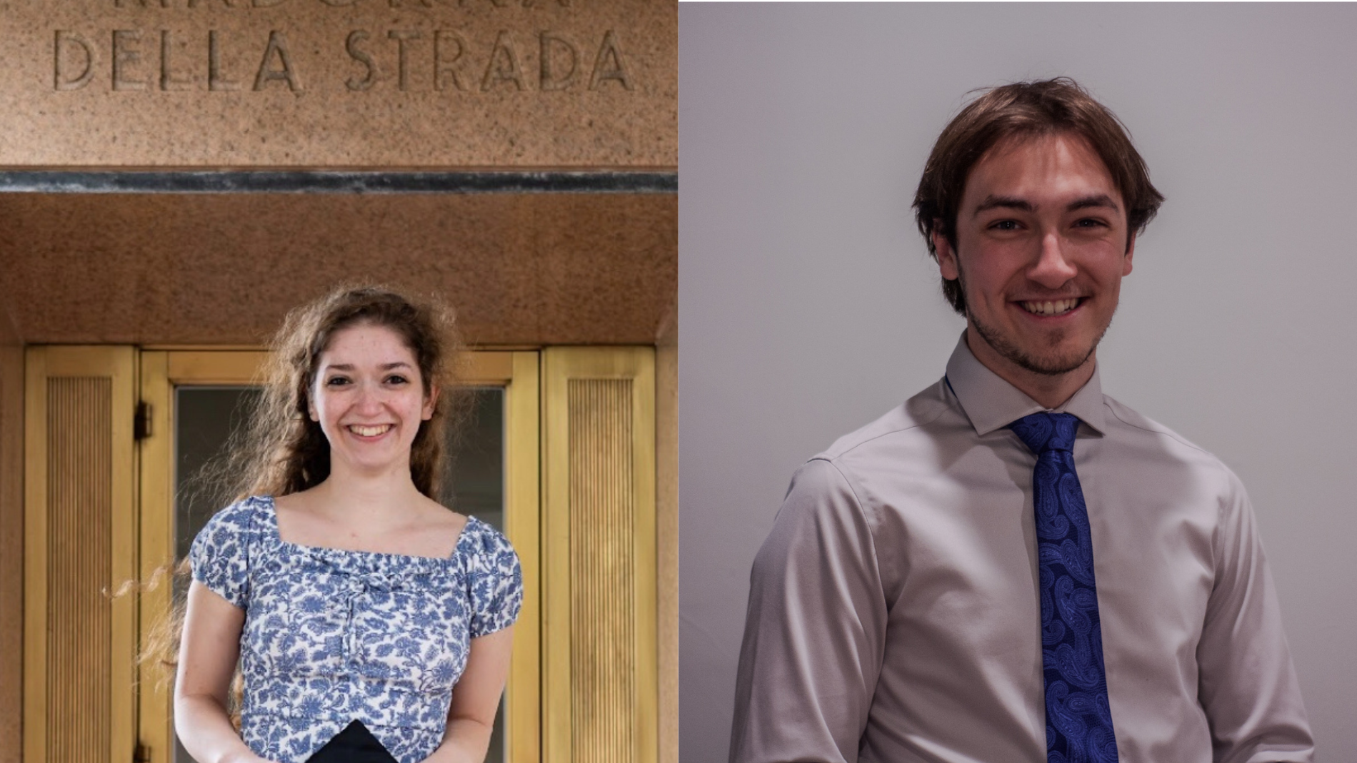 Two Loyola students smiling in portrait photos. On the left, a student stands in front of the De La Strada building entrance. On the right, a student 