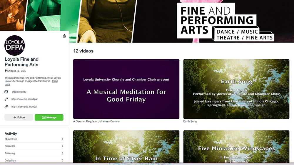 Loyola Fine and Performing Arts Vimeo page featuring music and performance videos.