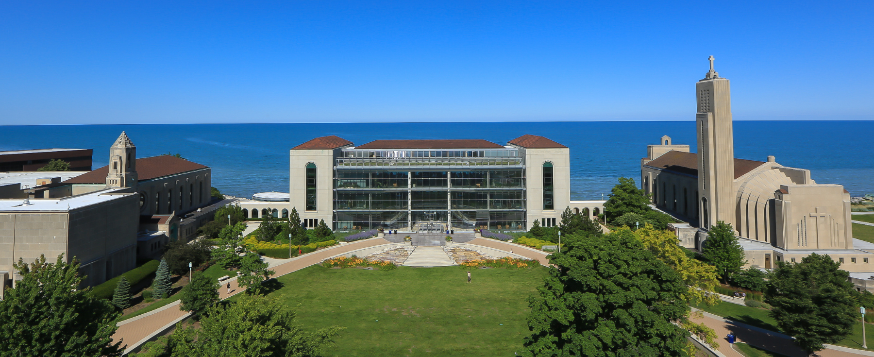 Aerial view of Loyola's Lake Shore Campus during the fall.