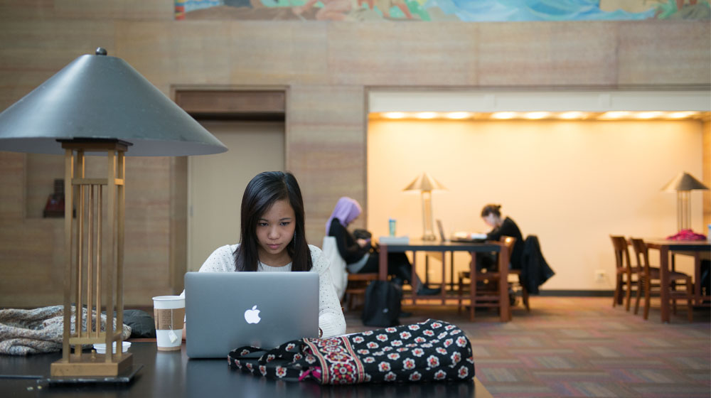 Loyola University Chicago student studying on a laptop in the Information Commons