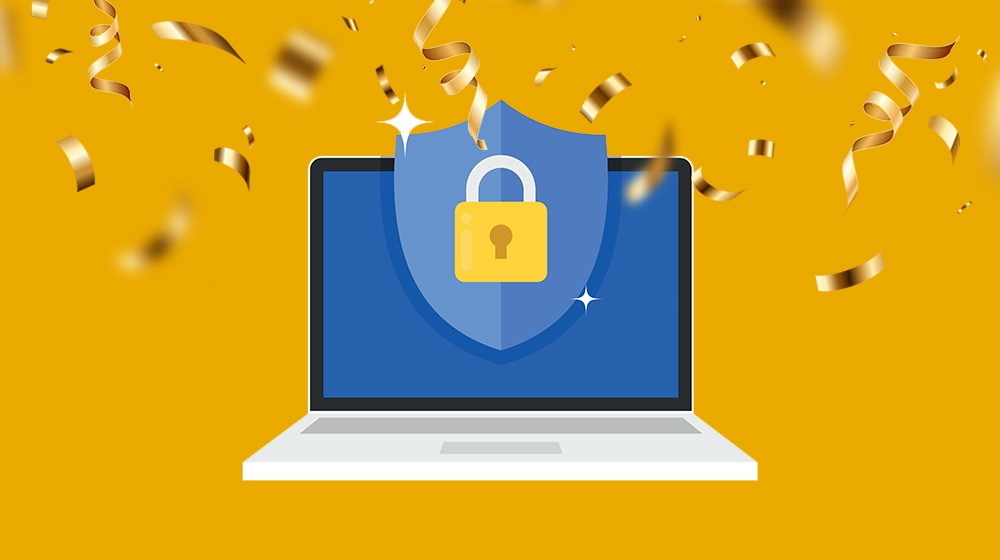 Party streamers in front of a laptop with a shield and a lock.