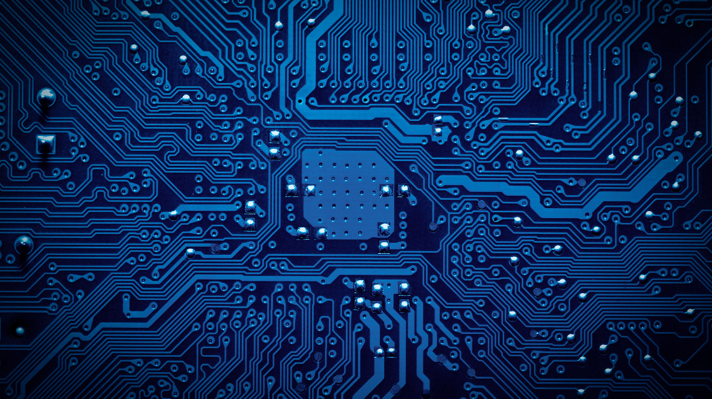 An intricate computer circuit in high performance computing stylized in blue