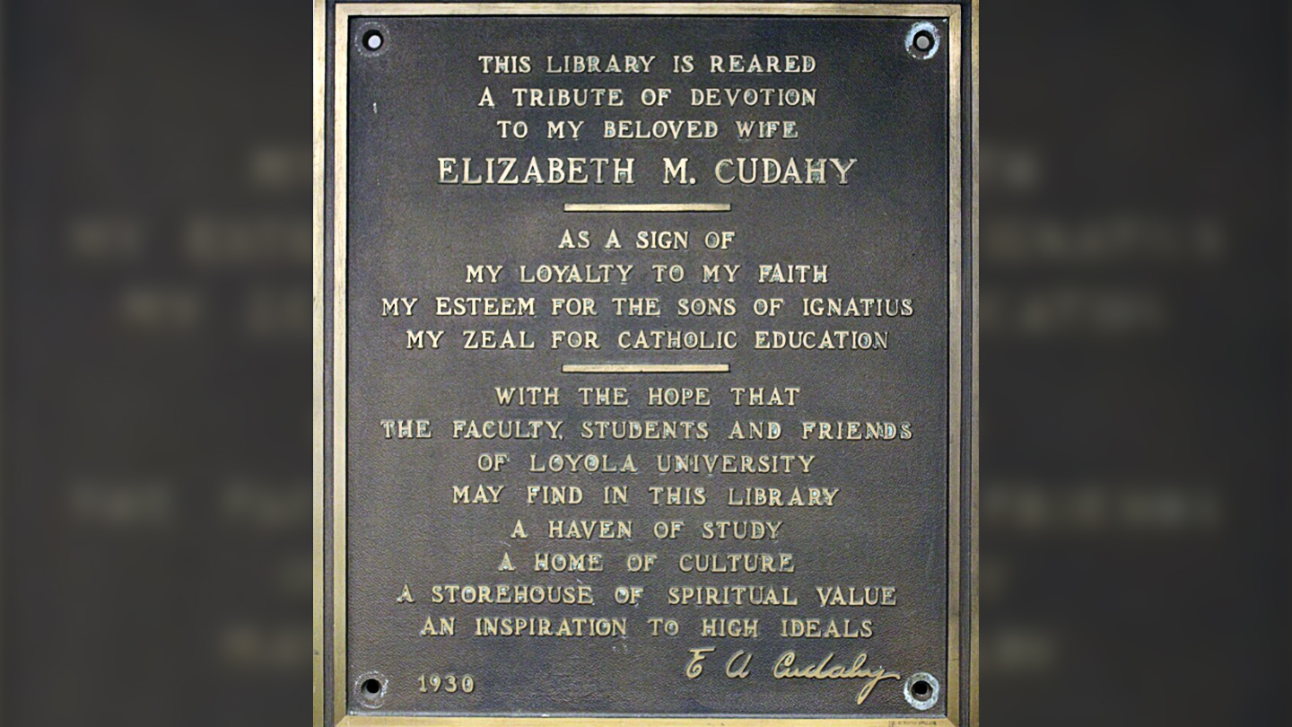 Bronze plaque with a dedication from Edward A. Cudahy to his wife, Elizabeth M. Cudahy. 