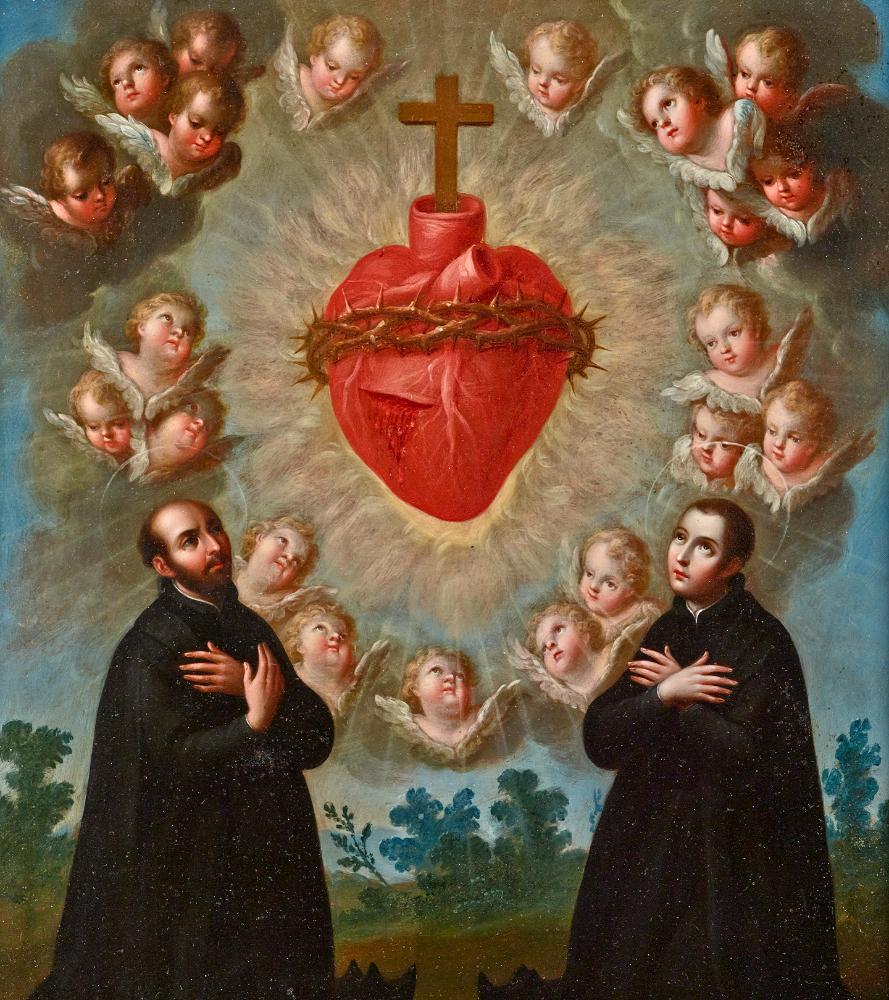 Painting of Saints Ignatius Loyola and Louis Gonzaga admiring the sacred heart Painting of Saints Ignatius Loyola and Louis Gonzaga admiring the sacred heart