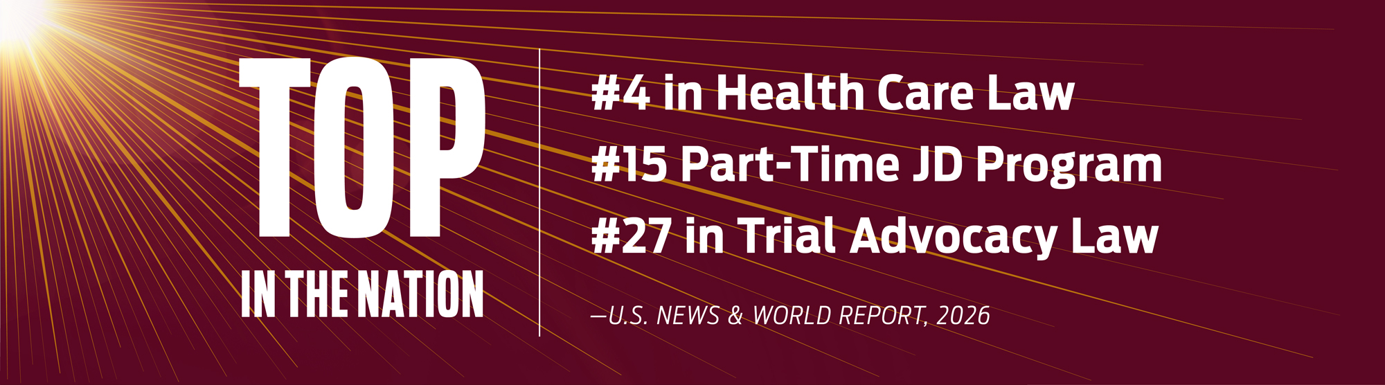 U.S. News & World Report, 2026, ranks Loyola University Chicago’s, School of Law, 4th in the nation in health care law, 15th in the nation for the part-time JD program, and 27th in the nation in trial advocacy law.