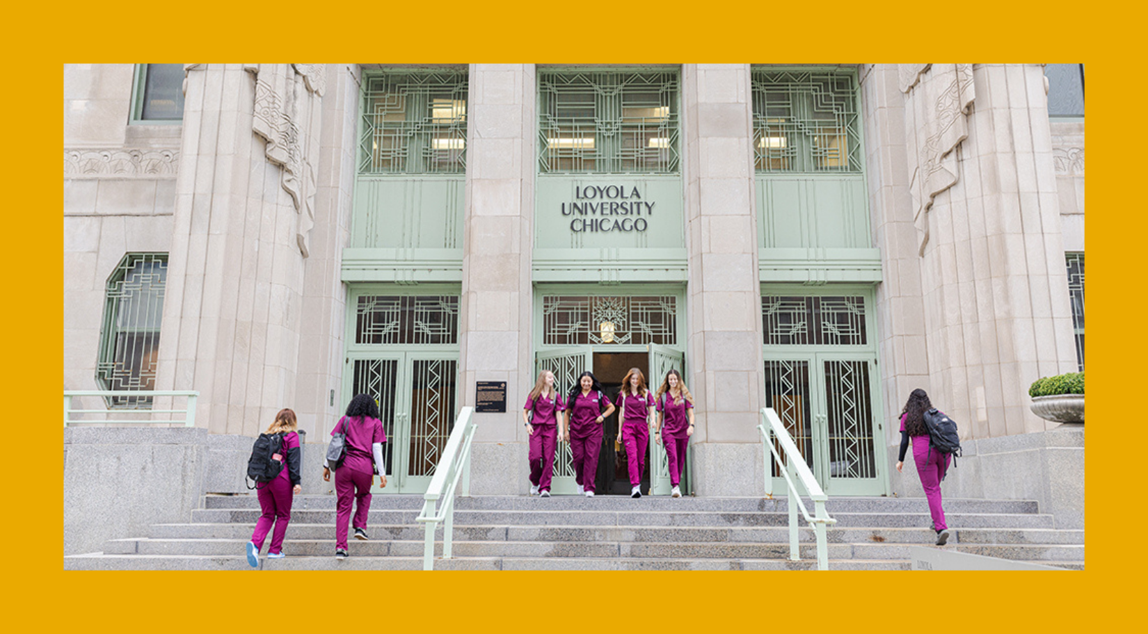 Nursing students walking into Mundelein. 