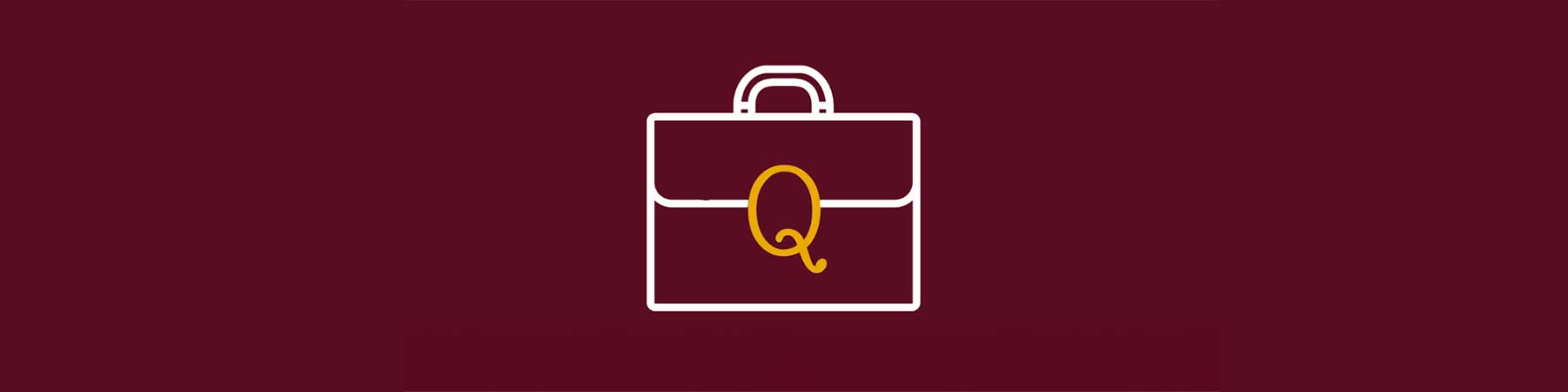 White line drawing of a briefcase on a maroon background