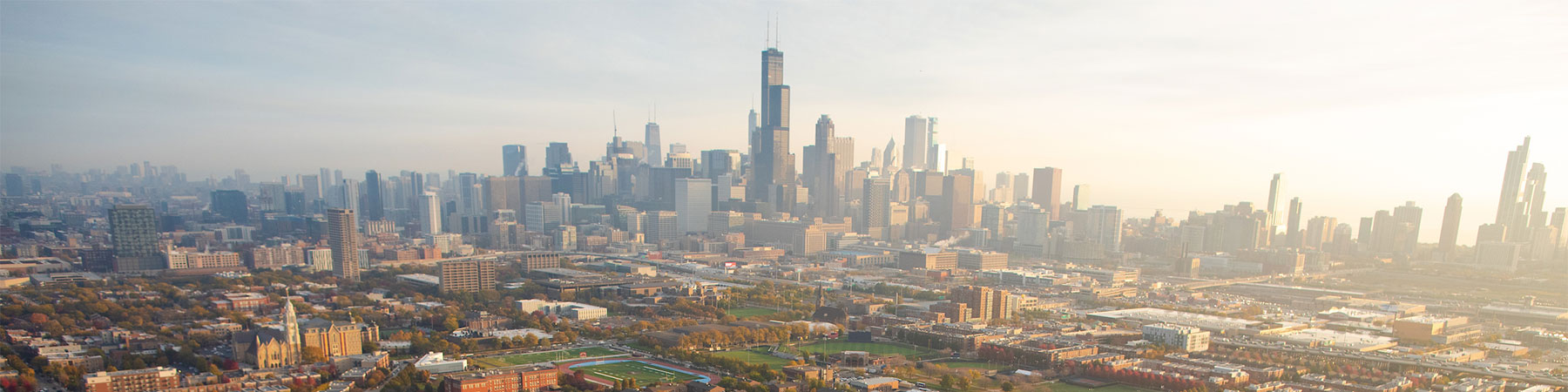 The Chicago Skyline seen from a distance against a hazy sky