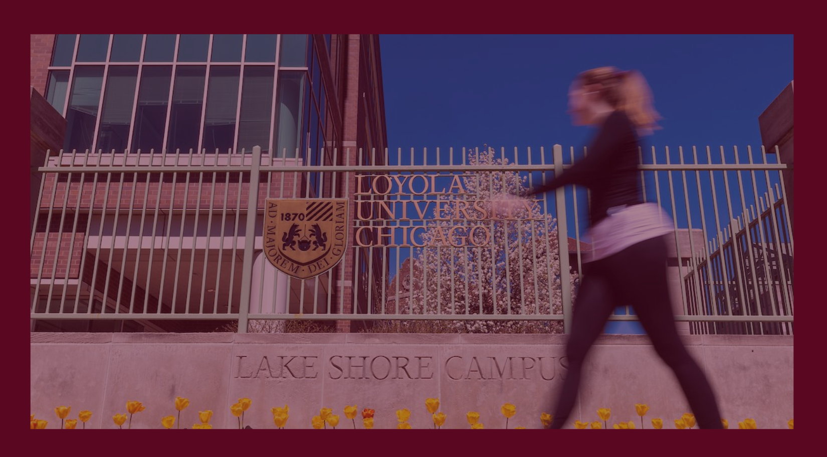 Loyola University Chicago student walking along the main entrance on a sunny day 