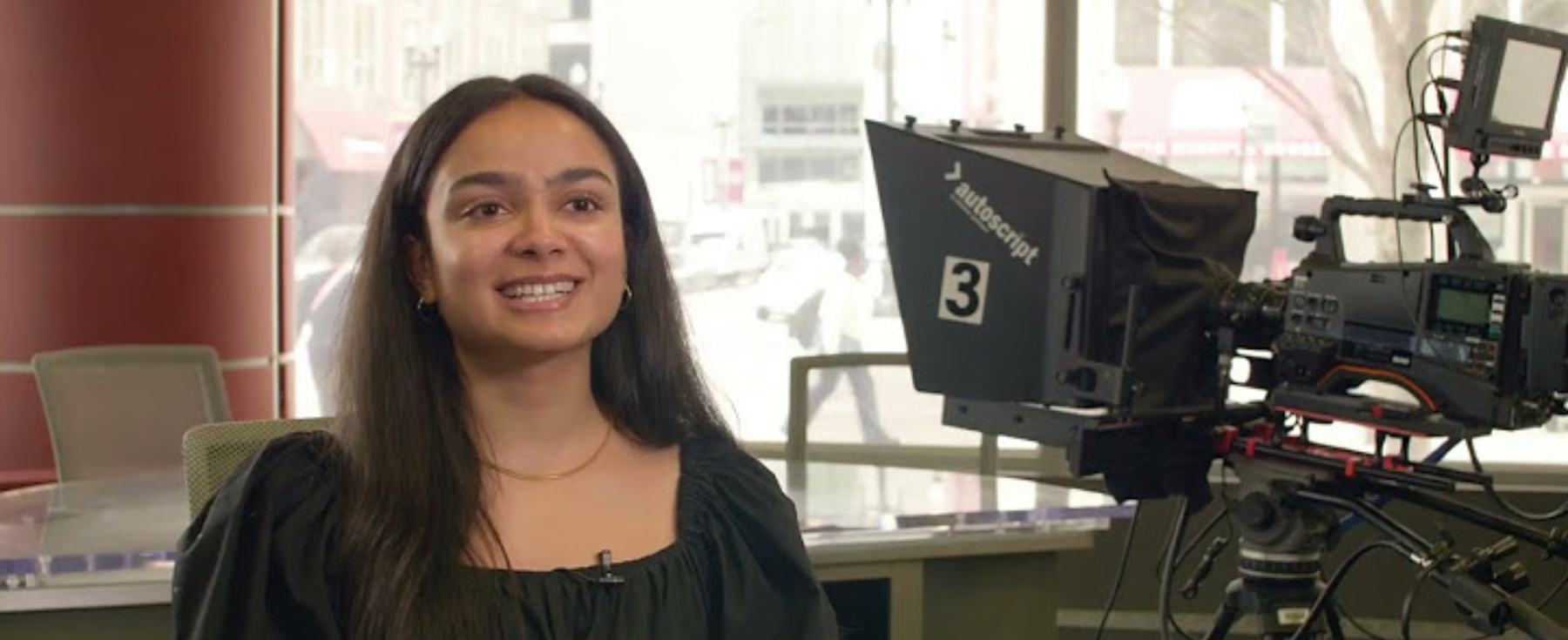 SoC student Serena Thakkar smiles during an interview inside the Convergence Studio