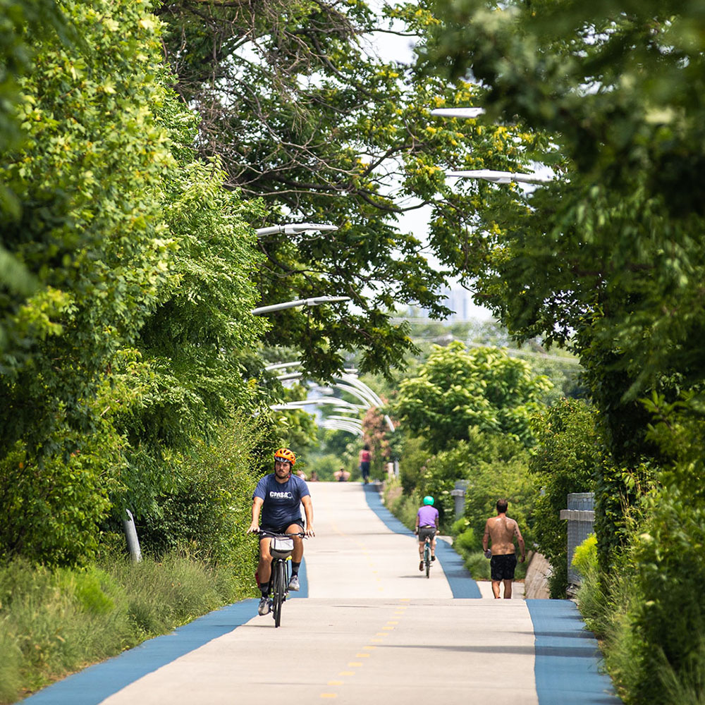  bikers and walkers on the 606 greenway