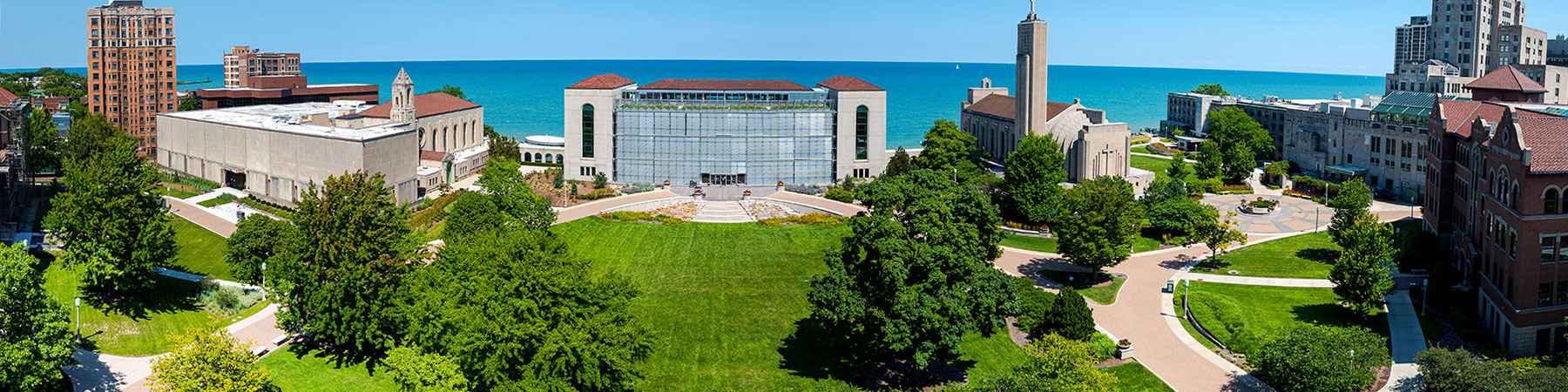 Aerial view of Information Commons building and the lawn