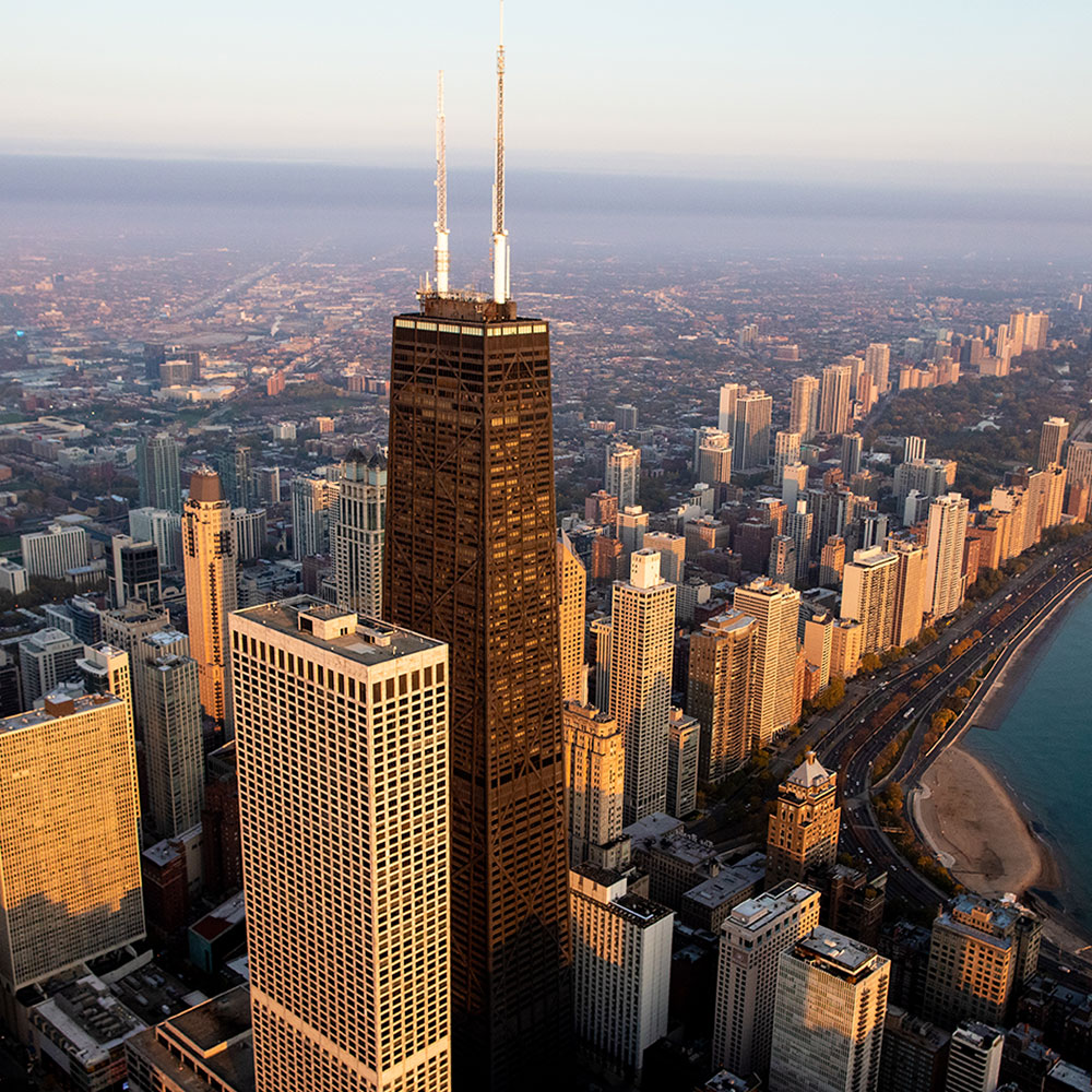 An aerial perspective of Chicago skyscrapers including the John Hancock building